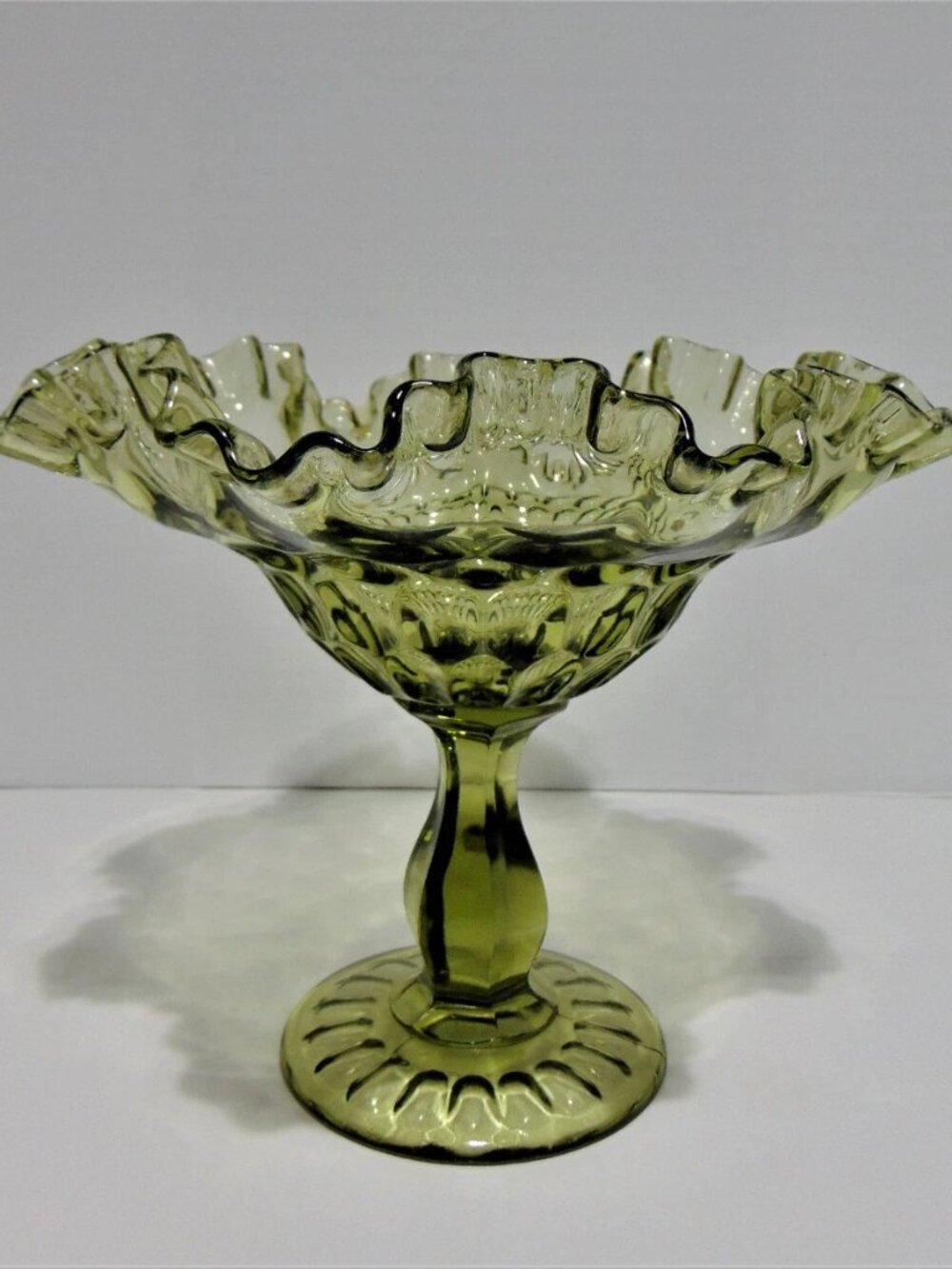 Vintage Fenton Olive Green Thumbprint Pedestal Compote Bowl Ruffled Mid Century